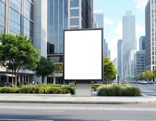 Obraz premium Large blank billboard in a business district with a clean urban environment, perfect for advertising mockups.