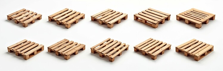 Several wooden pallets arranged on plain white background. Pallets simple rectangular structures. Wood appears light brown, shows natural variations in color. Pallets good for carrying cargo during
