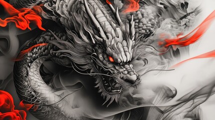 Close-up of a majestic, grey dragon with red smoke, detailed scales and intense eyes.