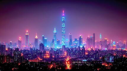 Obraz premium Neon Cityscape: Taipei Skyline at Night - A Dazzling Urban Panorama