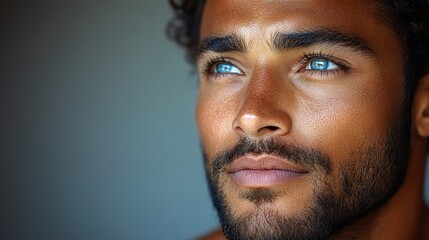 Obraz premium A cropped close-up portrait of a handsome man gazing dreamily off-camera, as if lost in thought, isolated against a gray background.