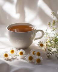 Elegant White Cup of Tea Surrounded by Fresh Daisies on a Soft Fabric Background