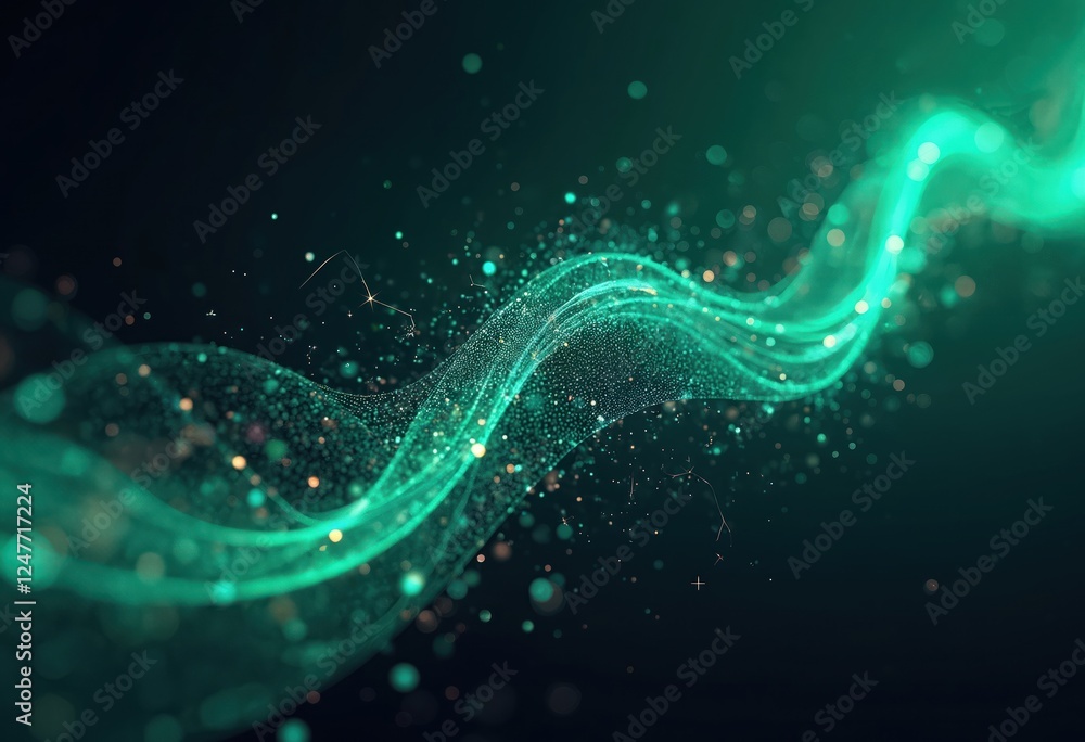 Poster futuristic abstract design with dynamic green, blue particle waves. lines, dots connect, creating se