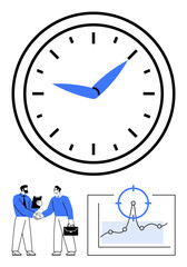 Large clock represents time handshake signifies collaboration chart highlights performance goals. Ideal for teamwork, productivity, planning, workflow, business growth, deadlines, abstract line flat