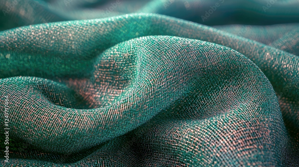 Poster close-up of elegant green fabric texture: luxurious emerald textile with shiny mesh pattern for fash