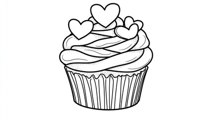 Valentine's cupcake hearts, white background, coloring page