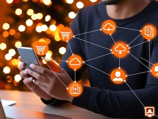 Man using a smartphone with glowing e-commerce icons and cloud technology connections, representing online shopping, digital transactions, cloud computing, and modern business networking

