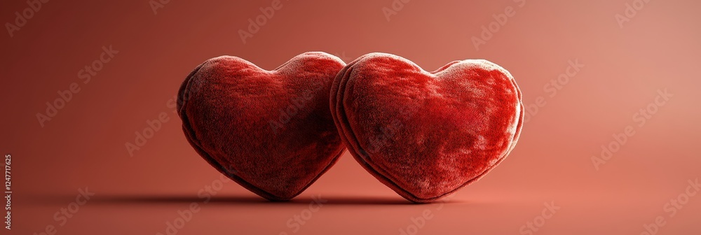 Poster two red hearts on a red background representing love and affection in a simple design