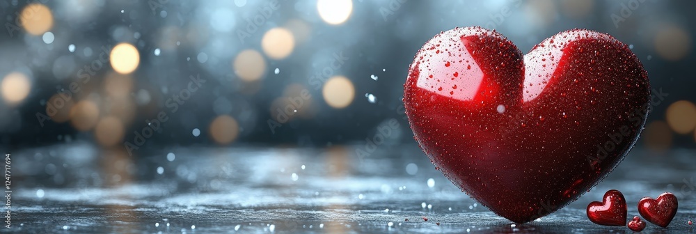 Poster two red hearts placed on a wet surface reflecting light and creating a romantic atmosphere