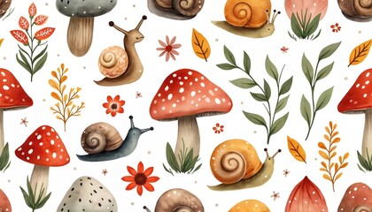 Cute seamless pattern featuring abstract forest mushrooms flowers, snails. Watercolor illustration perfect for kids wallpapers. Charming design with colorful mushrooms, snails. Floral elements,