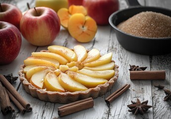 Delicious homemade apple tart with fresh fruit, cinnamon, sugar, and natural ingredients on rustic wooden table setting surrounded by apples and spices