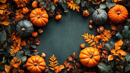 A flat lay of various pumpkins and decorative autumn elements artfully arranged on a green background, perfect for seasonal or Thanksgiving themes.