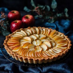 Delicious homemade apple tart with sliced apples and golden glaze on a dark blue fabric background with fresh red apples and green leaves