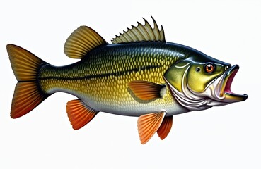 Fototapeta premium Largemouth bass swims in fresh water. Photorealistic illustration shows fish in action. Sportfishing theme. Aquatic wildlife. Isolated on transparent background.