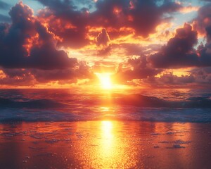 Dramatic sunset over ocean waves.  Possible use for a stock photo