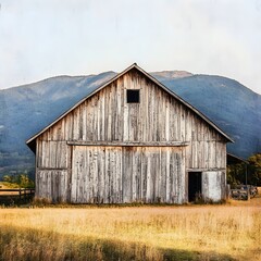 Obraz premium Weathered Old Wooden Barn on Farm with Mountains in Background