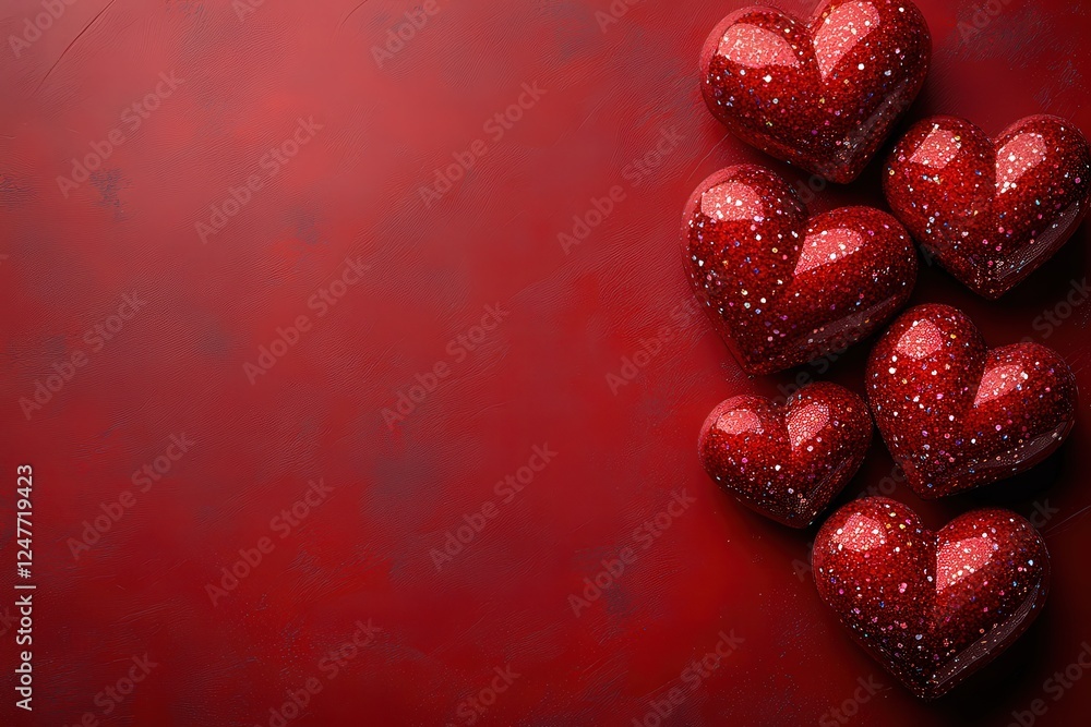 Poster red hearts arranged on a vibrant red background creating a visually striking pattern