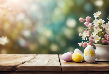 lights copy surroundings easter background themed defocused bokeh products wooden lush space blossoms table created surrounding festive celebration generative ai wood green holiday blossom summer