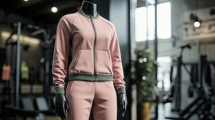 Fototapeta premium Pink athletic tracksuit displayed on a mannequin in a gym setting.