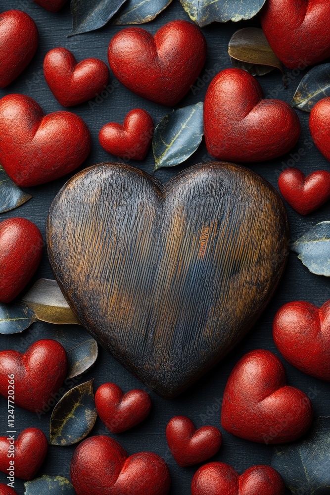 Poster heart shaped object in the center surrounded by numerous smaller red heart shapes on a white backgro