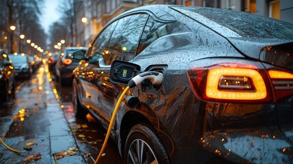 Obraz premium Electric car charging, city street, night, rain (1)