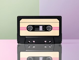 Obraz premium Vintage audio cassette tape with pink and beige label on a reflective surface, symbolizing retro music, nostalgia, analog sound, and 80s and 90s pop culture on a pastel background