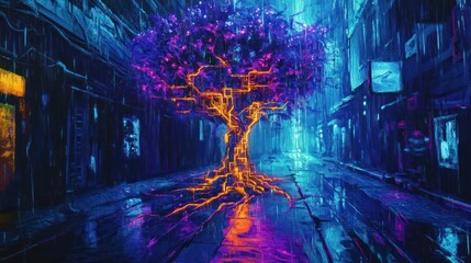Obraz premium Neon tree, rain, city street, night, digital art, futuristic backdrop