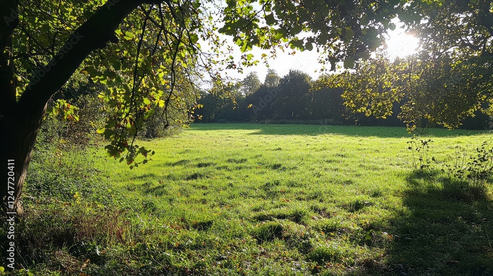 Poster golden sunlight filters through lush green trees, illuminating a peaceful meadow filled with soft gr