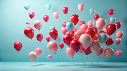 A profusion of pastel and crimson balloons ascends against a serene aqua backdrop, evoking feelings of joy and celebration.
