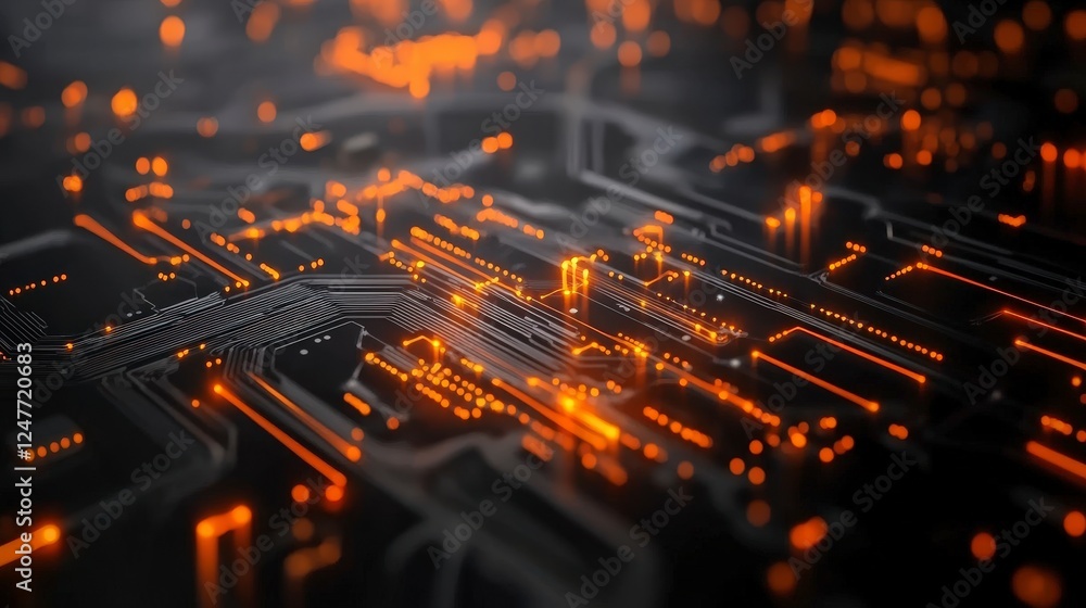 Poster abstract orange circuit board with glowing light patterns