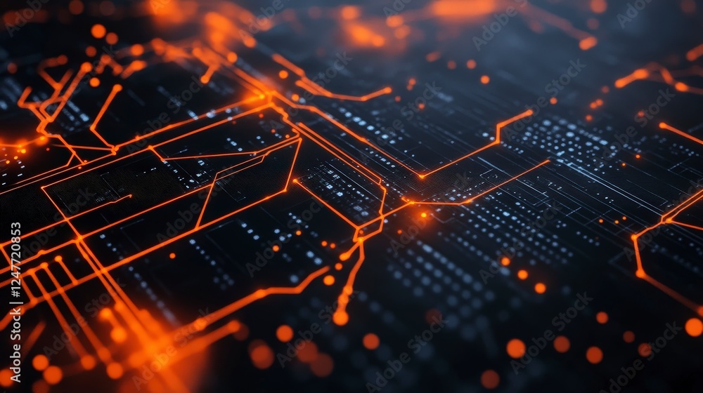 Poster abstract digital circuit background with glowing orange lines