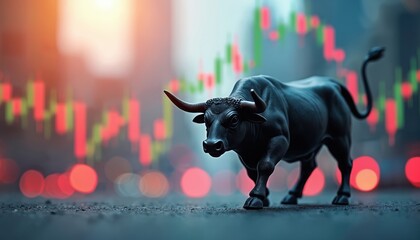 Black bull figure stands on dark surface. Bull market chart background shows rising trends. Bullish symbol for stock market success. Image conveys growth, investment concepts. Modern financial