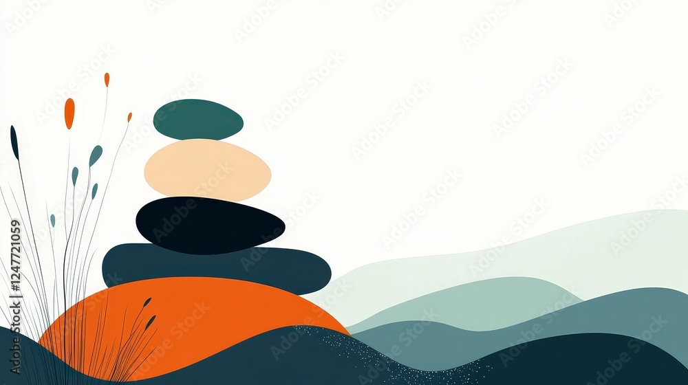 Poster abstract design with stacked stones and gentle waves of color