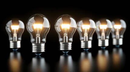 A row of illuminated light bulbs glowing brightly against a dark background, symbolizing ideas and innovation.