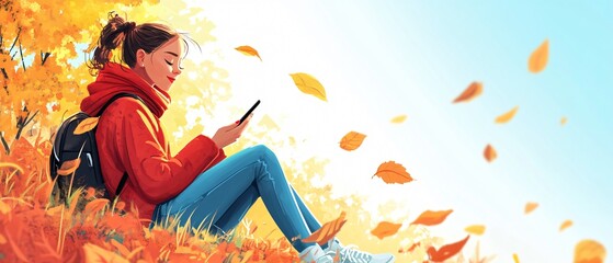 Joyful Woman Utilizing Smartphone for Entertainment and Communication in Leisure Time