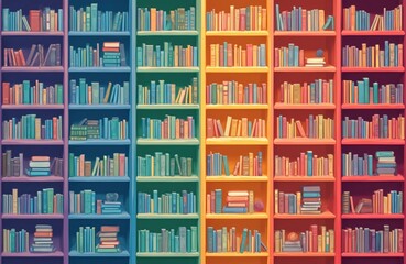 Colorful gradient bookshelves filled with many books create vibrant library image. Books stacked on colorful shelves. Rainbow effect. Great design for educational themes. Ideal for study reading.