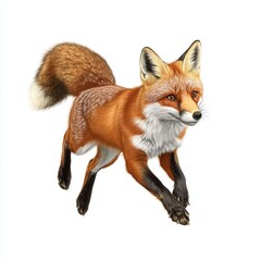 Obraz premium Determined Fox on White Background - Photorealistic Image of Fox Mid-Step with Bushy Tail and Pointed Ears