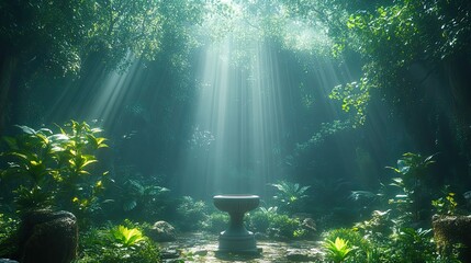 Obraz premium a mystical jungle scene featuring lush greenery and a centered grey urn under beams of sunlight filtering through the trees, evoking a peaceful and serene atmosphere. Generative AI.