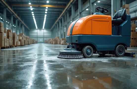 Industrial floor scrubber machine cleans dirty factory floor. Automated equipment polishes concrete surface efficiently. Large warehouse interior with stacked boxes. Modern cleaning tech in action.