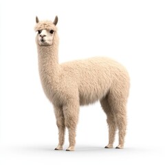 Fototapeta premium Majestic Fluffy Alpaca - Photorealistic Image of Calm Alpaca with Dense Wool on White Background