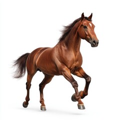 Obraz premium Majestic Galloping Horse on White Background - Photorealistic Image of Energetic Equine in Dynamic Motion, Muscular Legs and Detailed Hooves Captured Mid-Stride