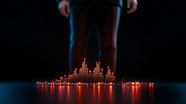 A businessman stands over a glowing soundwave visualization, symbolizing data analysis and technology
