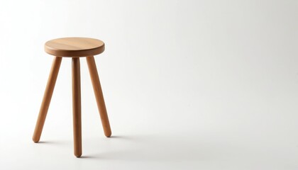 Simple wooden stool with three legs on white background. Minimalist design. Sturdy, versatile piece of furniture. Suitable for various interiors. Classic, rustic style. Handcraft, traditional object.