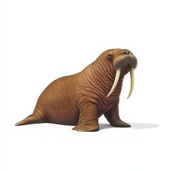 Fototapeta premium Majestic Walrus Relaxing on White Background - Photorealistic Wildlife Portrait with Long Ivory Tusks and Whiskers