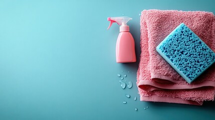 A pink cleaning rag, spray, and blue cellulose sponge on a blue background.