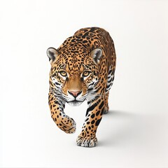 Obraz premium Majestic Jaguar in Stride - Photorealistic Image of a Powerful Feline with Detailed Rosettes and Golden Eyes on White Background