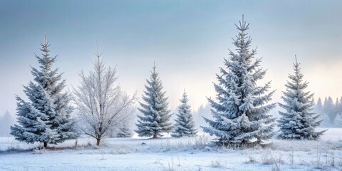 Fototapeta premium Serene Winter Landscape Frost-Covered Evergreens in a Snowy Field Under a Pale Sky