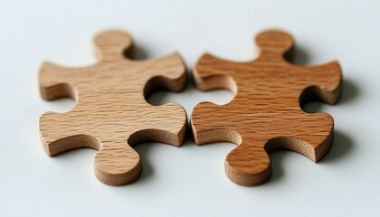 Fototapeta premium Two wooden puzzle pieces interconnected, symbolizing unity, problem-solving, and creativity in crafting or education.