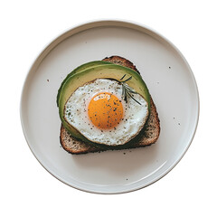 Avocado Toast with Egg and Rosemary on a White Plate
