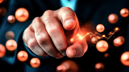 A close-up of a businessman's hand pointing at a glowing graph amidst floating spheres, symbolizing data analysis